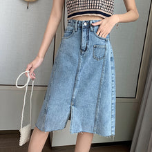 Load image into Gallery viewer, 2020 Summer Mid-length Denim Skirt Female Fashion Stitching Package Hip A-Line High Waist Split Skirt
