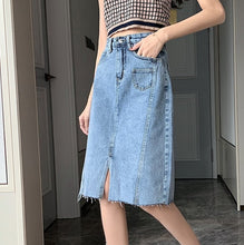 Load image into Gallery viewer, 2020 Summer Mid-length Denim Skirt Female Fashion Stitching Package Hip A-Line High Waist Split Skirt
