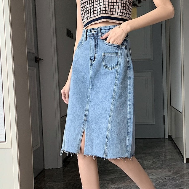 2020 Summer Mid-length Denim Skirt Female Fashion Stitching Package Hip A-Line High Waist Split Skirt